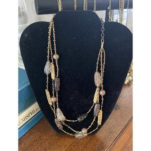 Chico's Lucite Flower Beaded Necklace Multi Strand Necklace Brown & Gold Tones